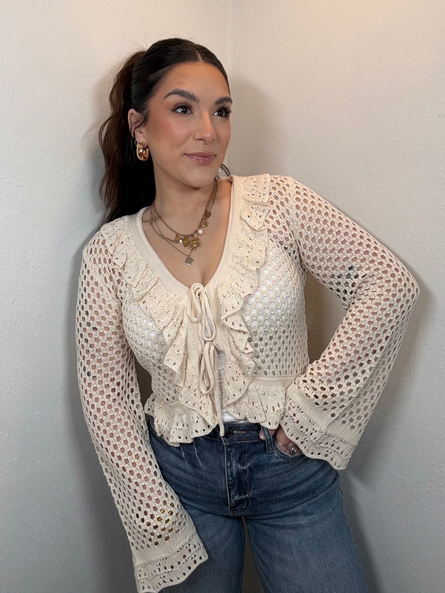 Everly Crochet Ruffle Tie Front Top