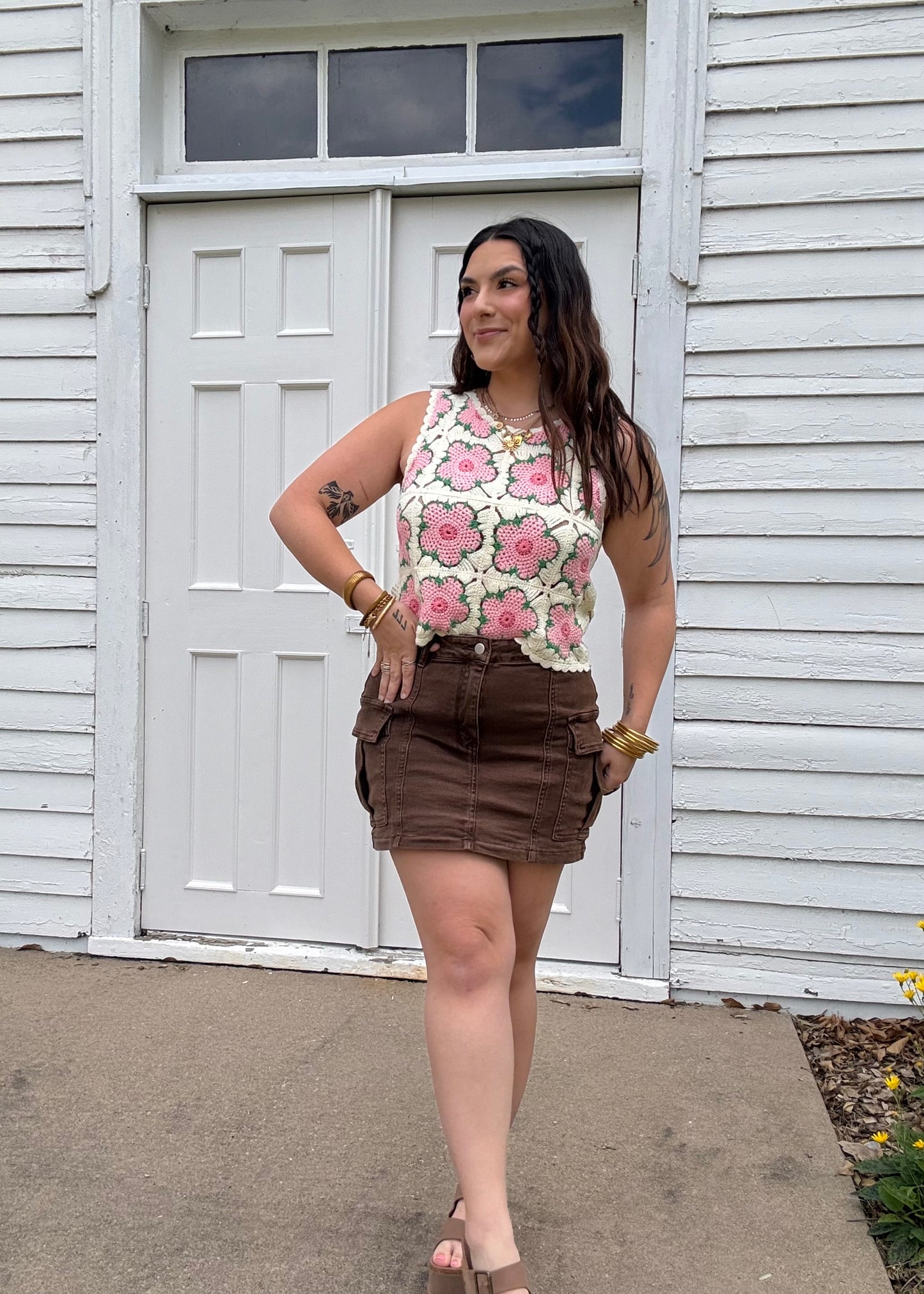 Stretchy Brown Denim Cargo Skirt