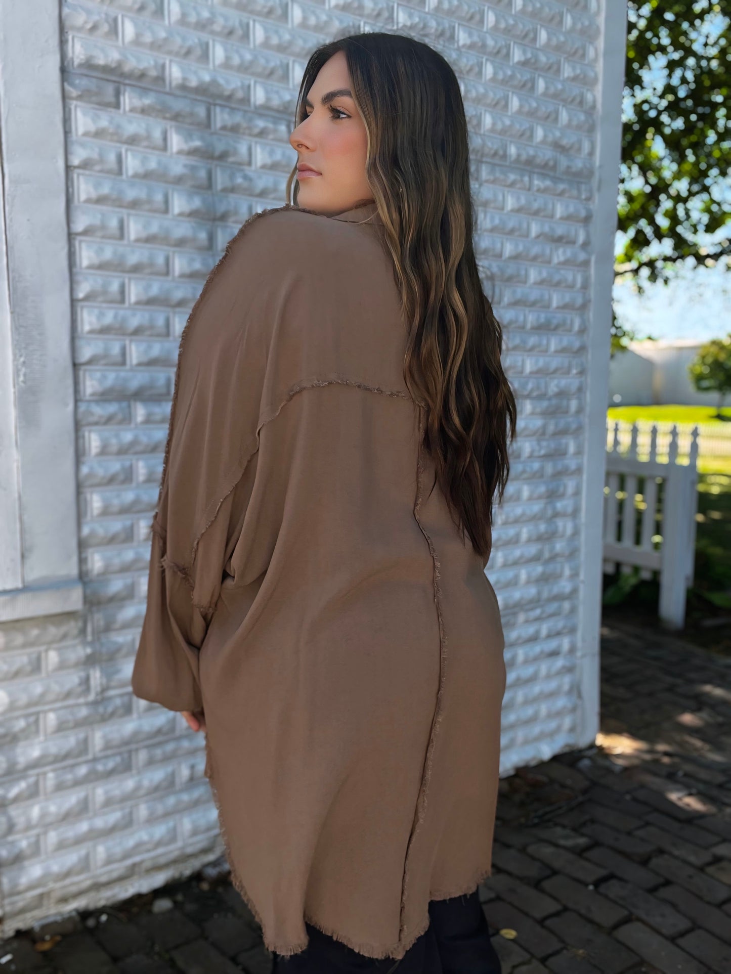 Mocha Frayed Edge Button Up