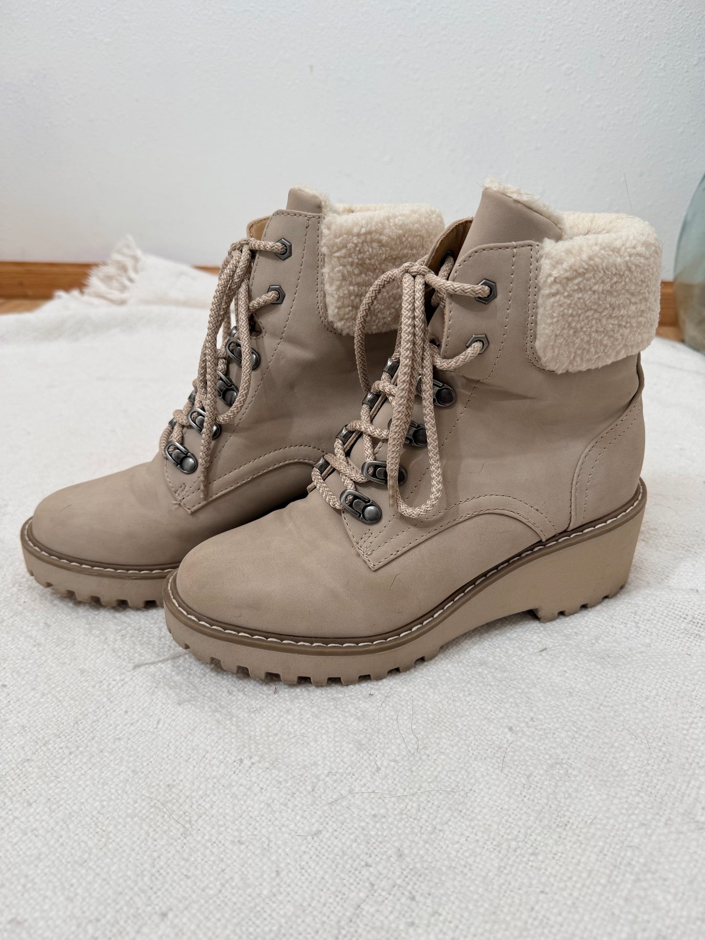 Taupe Sherpa Wedge Booties - 7
