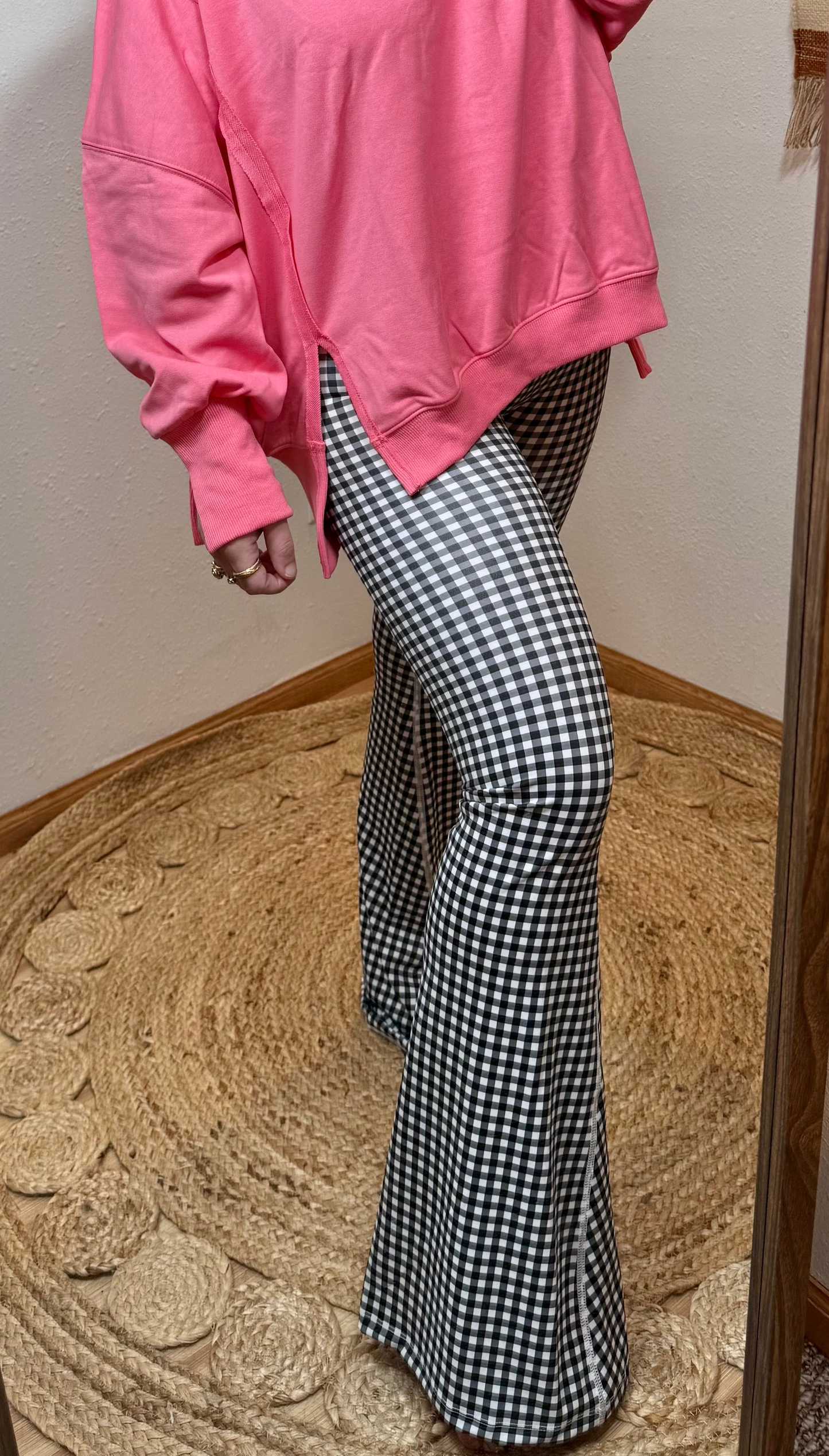 Gingham Crossover Flare Leggings : Black