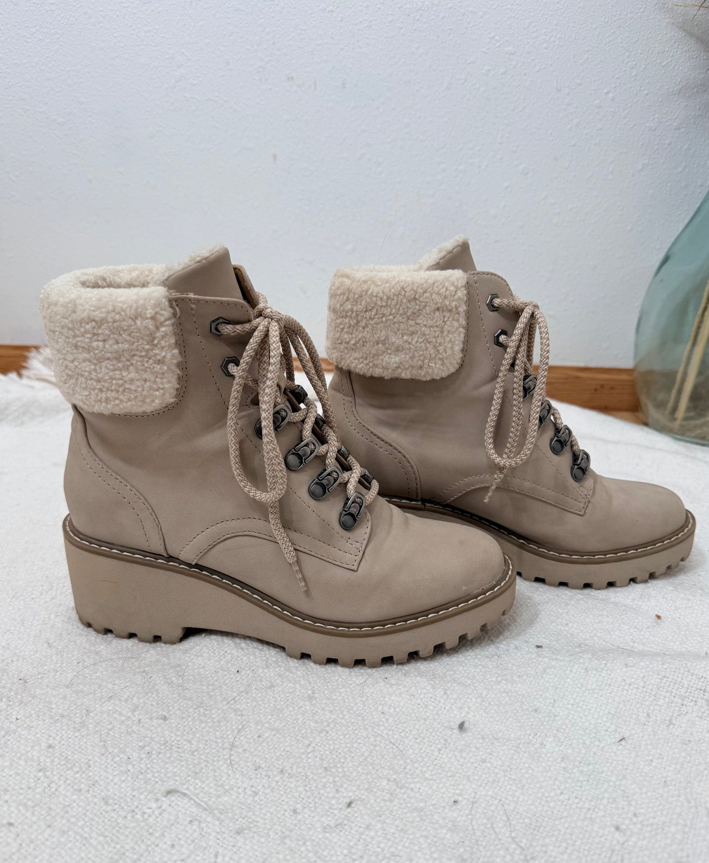 Taupe Sherpa Wedge Booties - 7