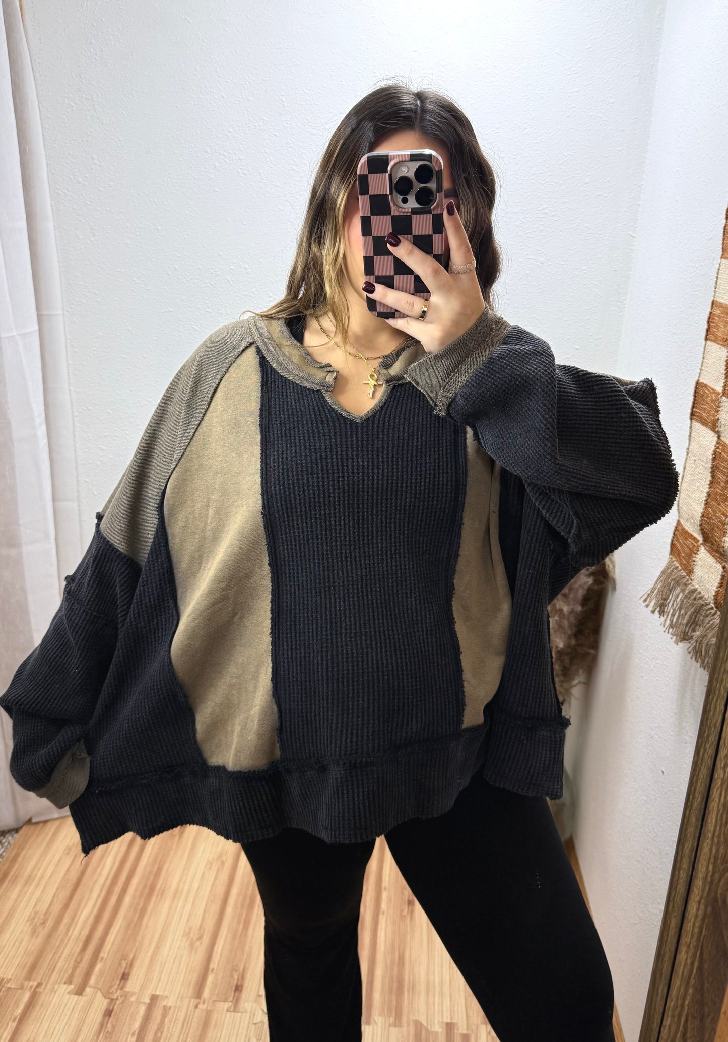 Olive Colorblock Waffle-Knit Top