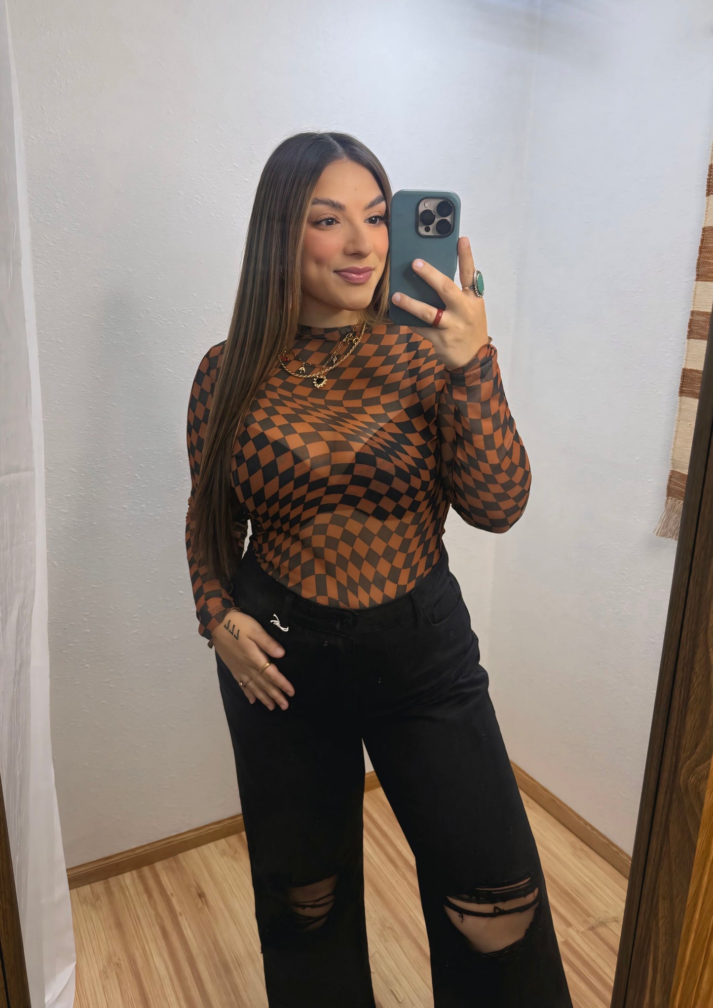 Caramel-Mocha Checkered Mesh Top: S-3X