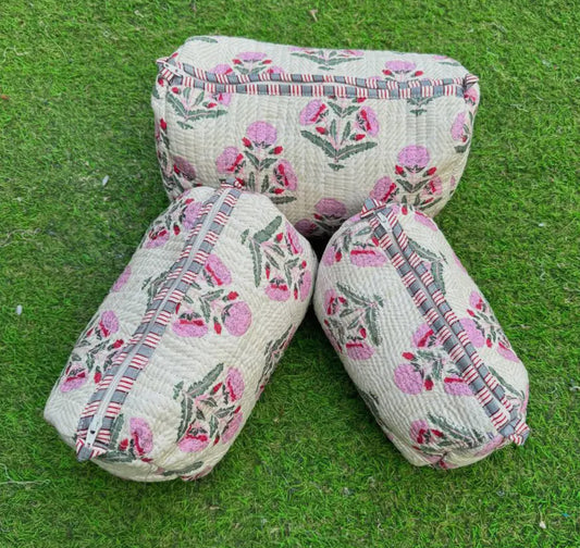 3pc White Floral Quilted Cosmetic Bags