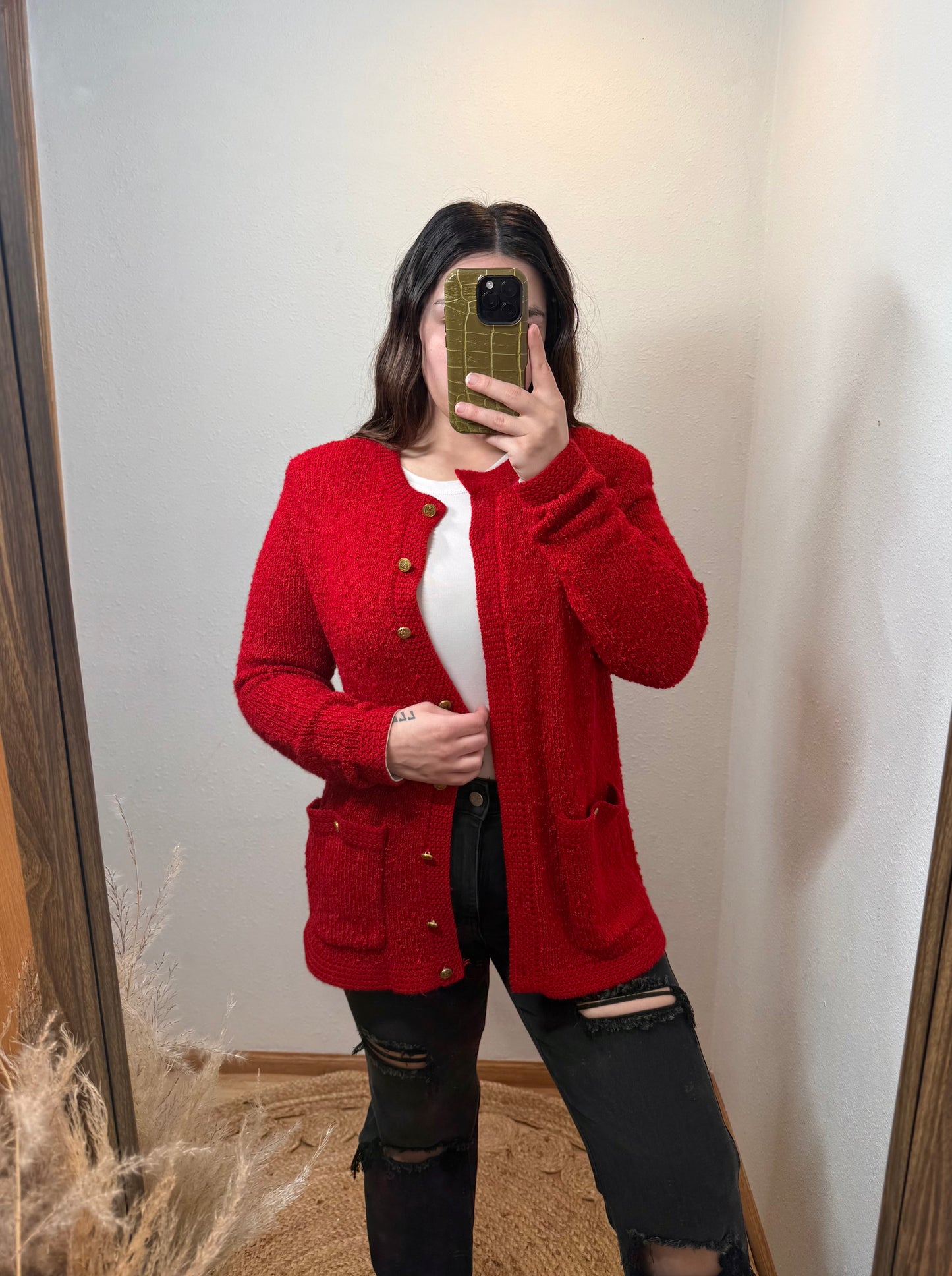 Gold Button Vintage Red Knit Cardigan (Medium)