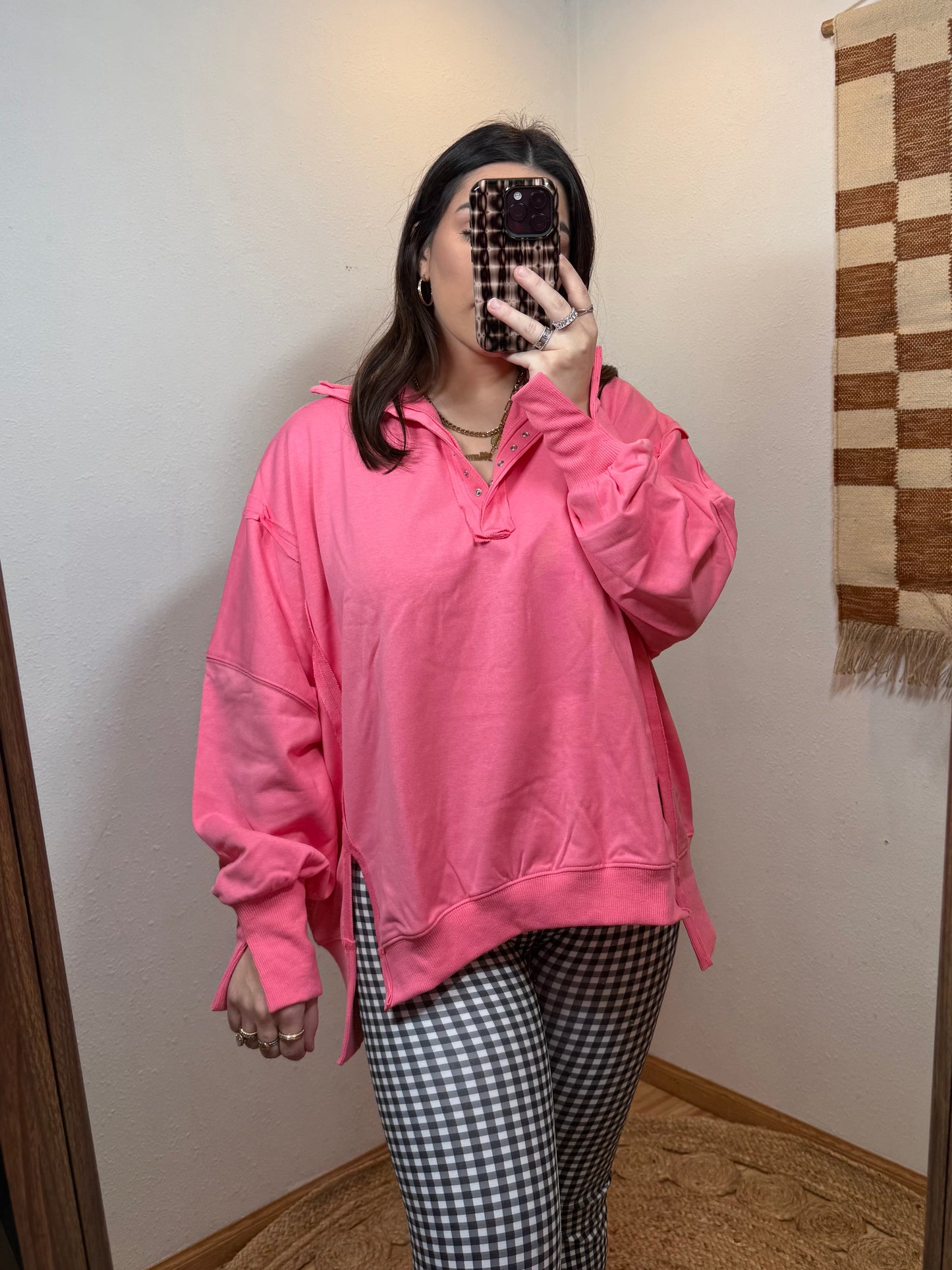 Flamingo Pink Henley Pullover