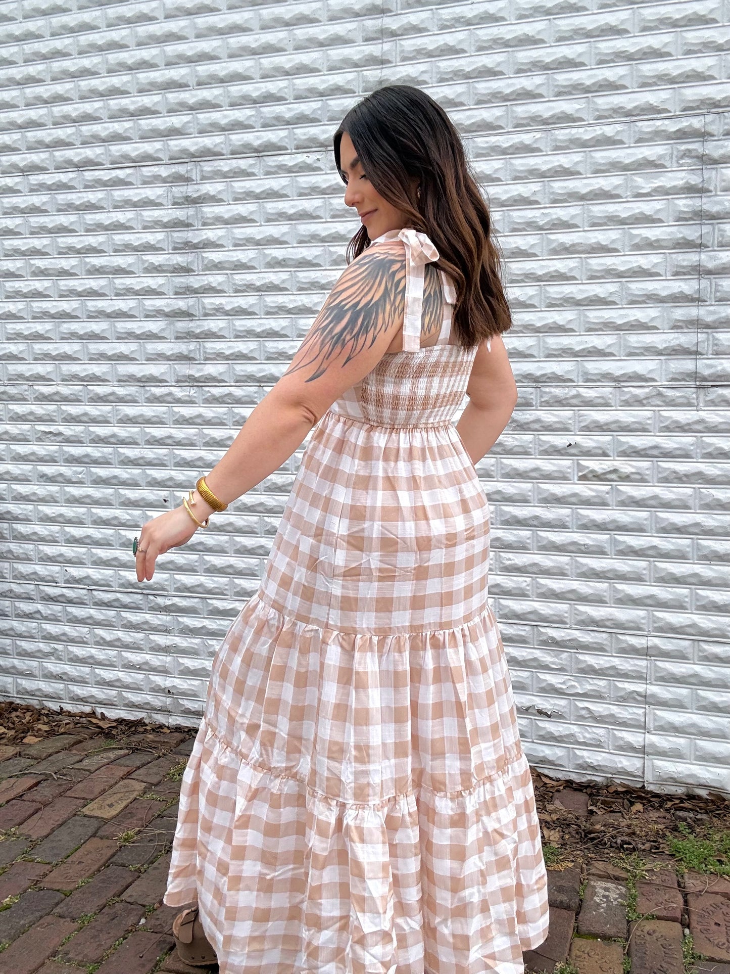Beige Gingham Maxi Dress