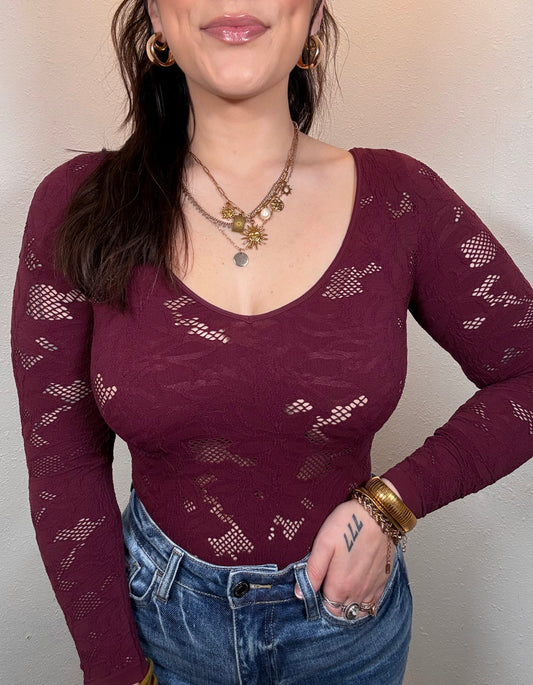 Jovi Lace Mesh Bodysuit : Wine