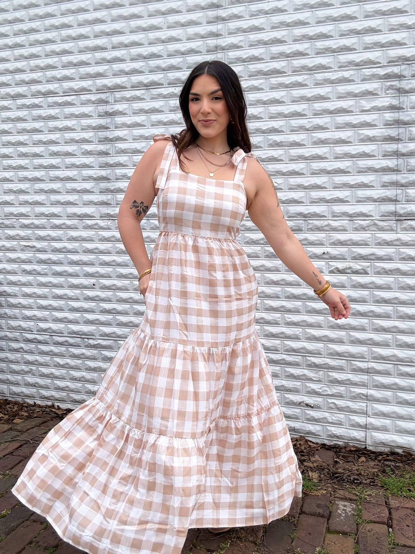 Beige Gingham Maxi Dress