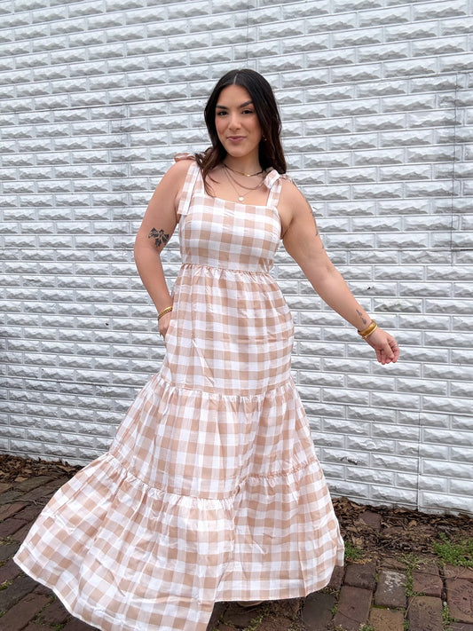 Beige Gingham Maxi Dress