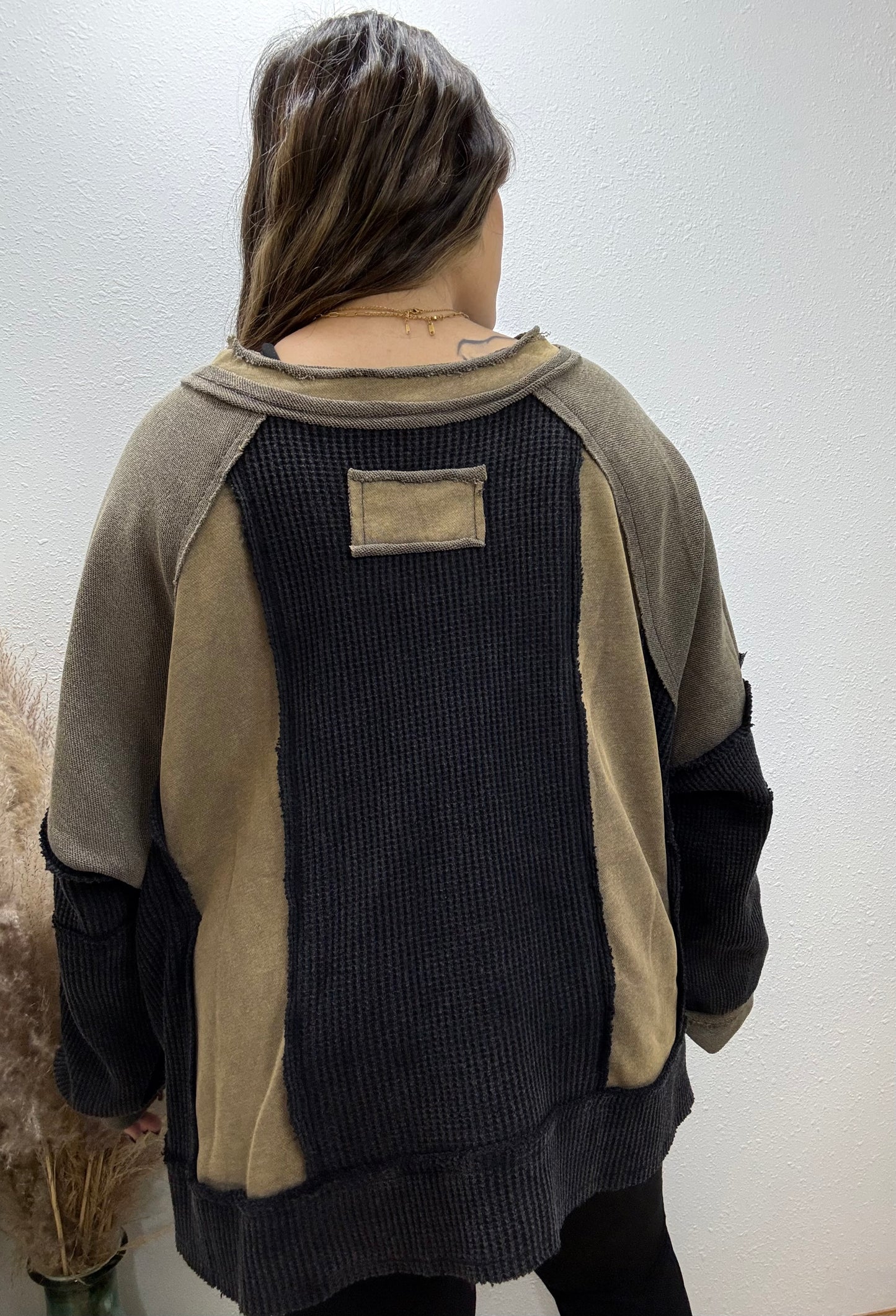 Olive Colorblock Waffle-Knit Top