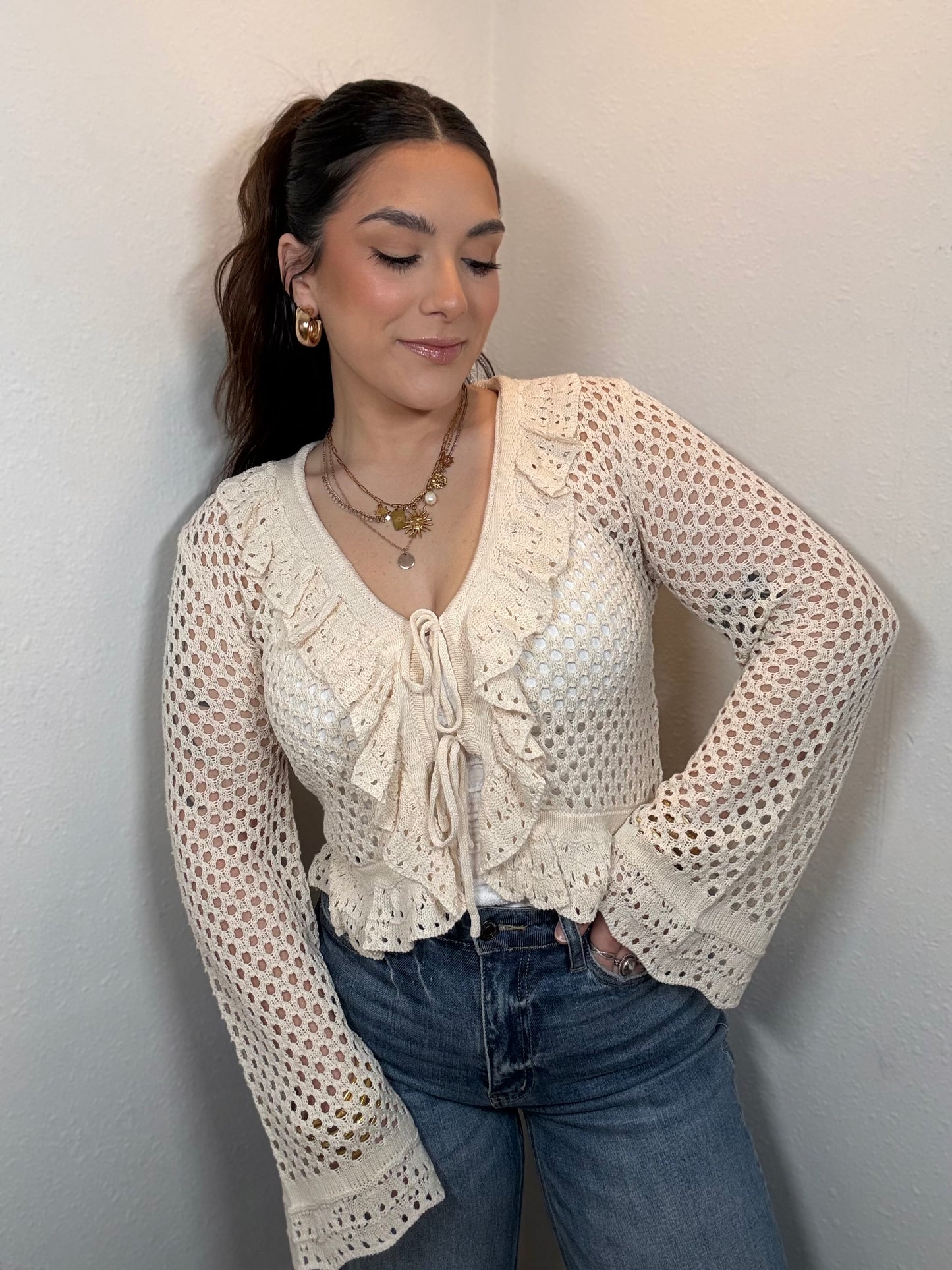 Everly Crochet Ruffle Tie Front Top