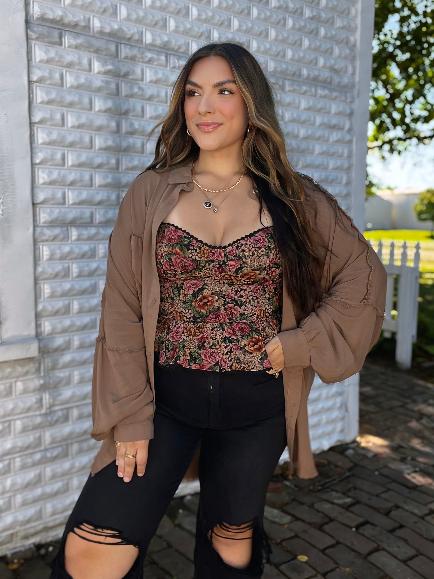 Mocha Frayed Edge Button Up