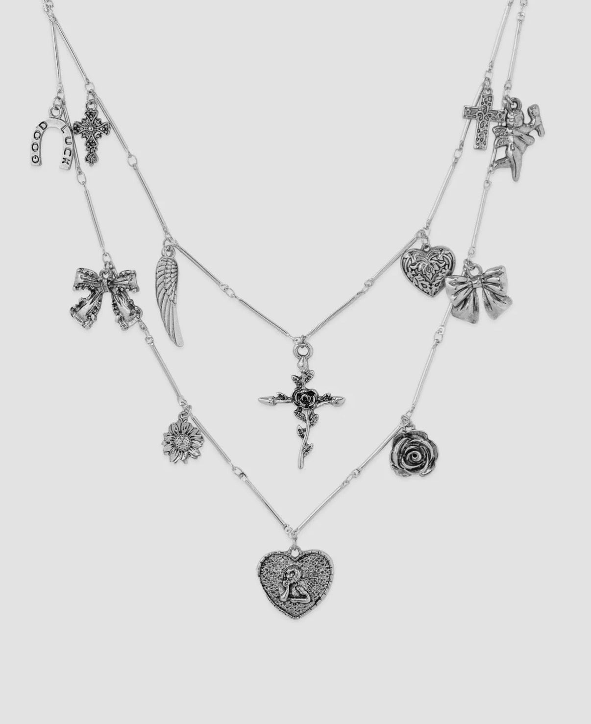 Antique Vintage Angel Layered Charm Necklace : Silver