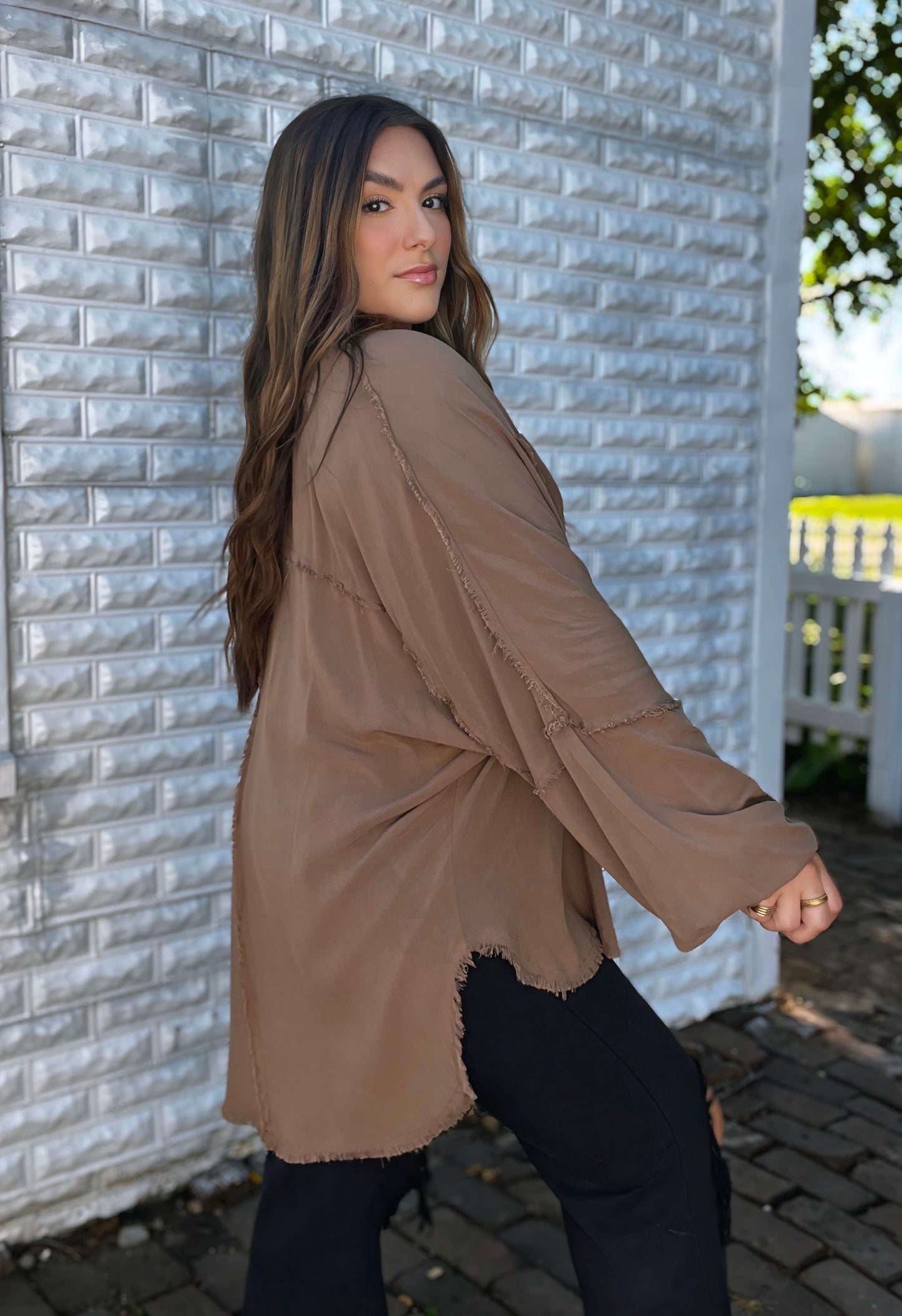 Mocha Frayed Edge Button Up