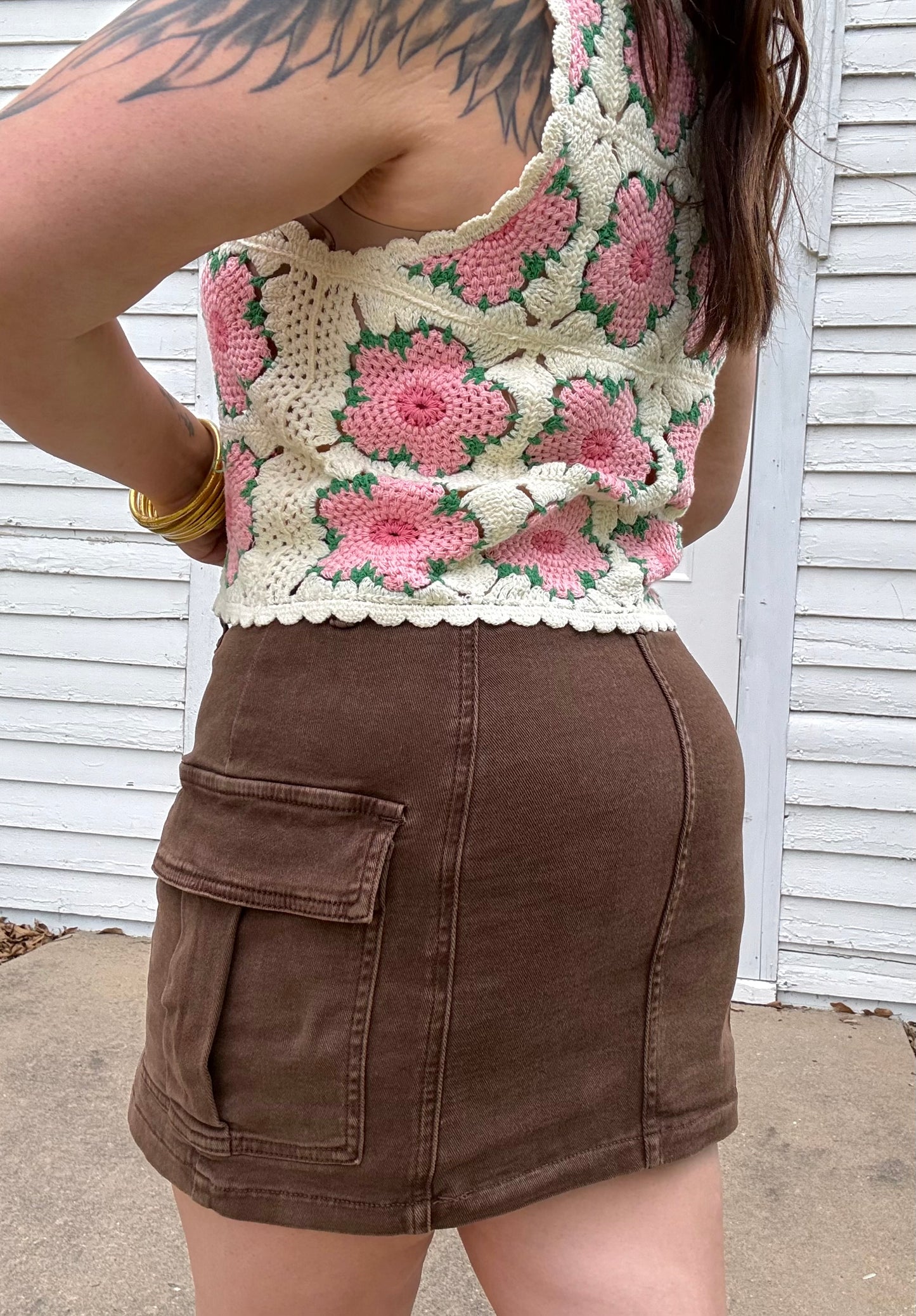 Stretchy Brown Denim Cargo Skirt