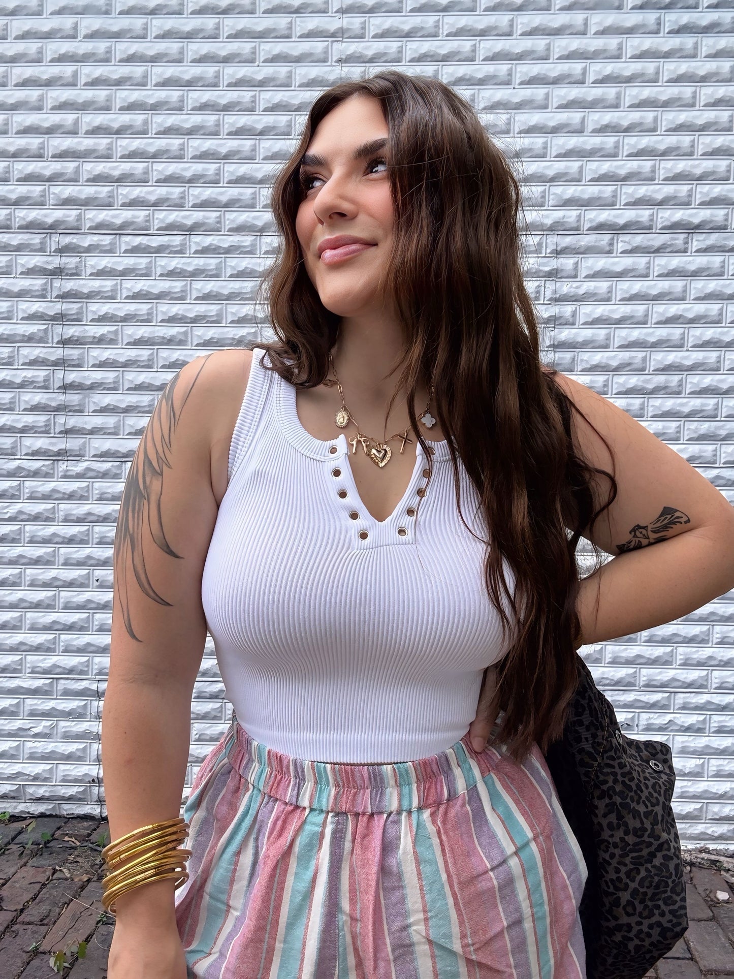 Eyelet Ribbed Crop Tank : White