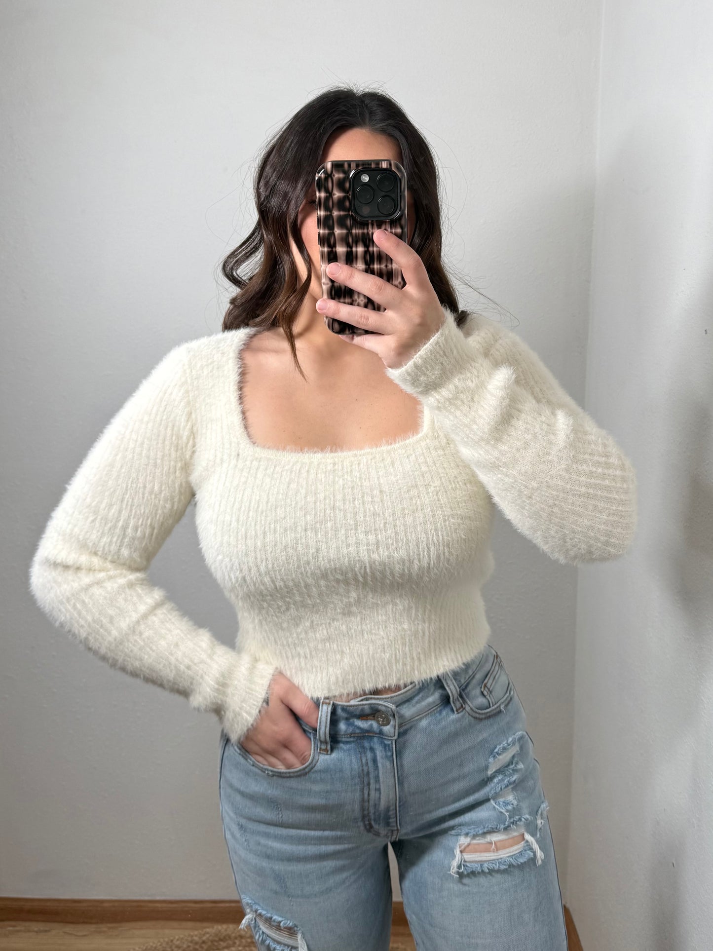 NEW White Fuzzy Eyelash Sweater (S)