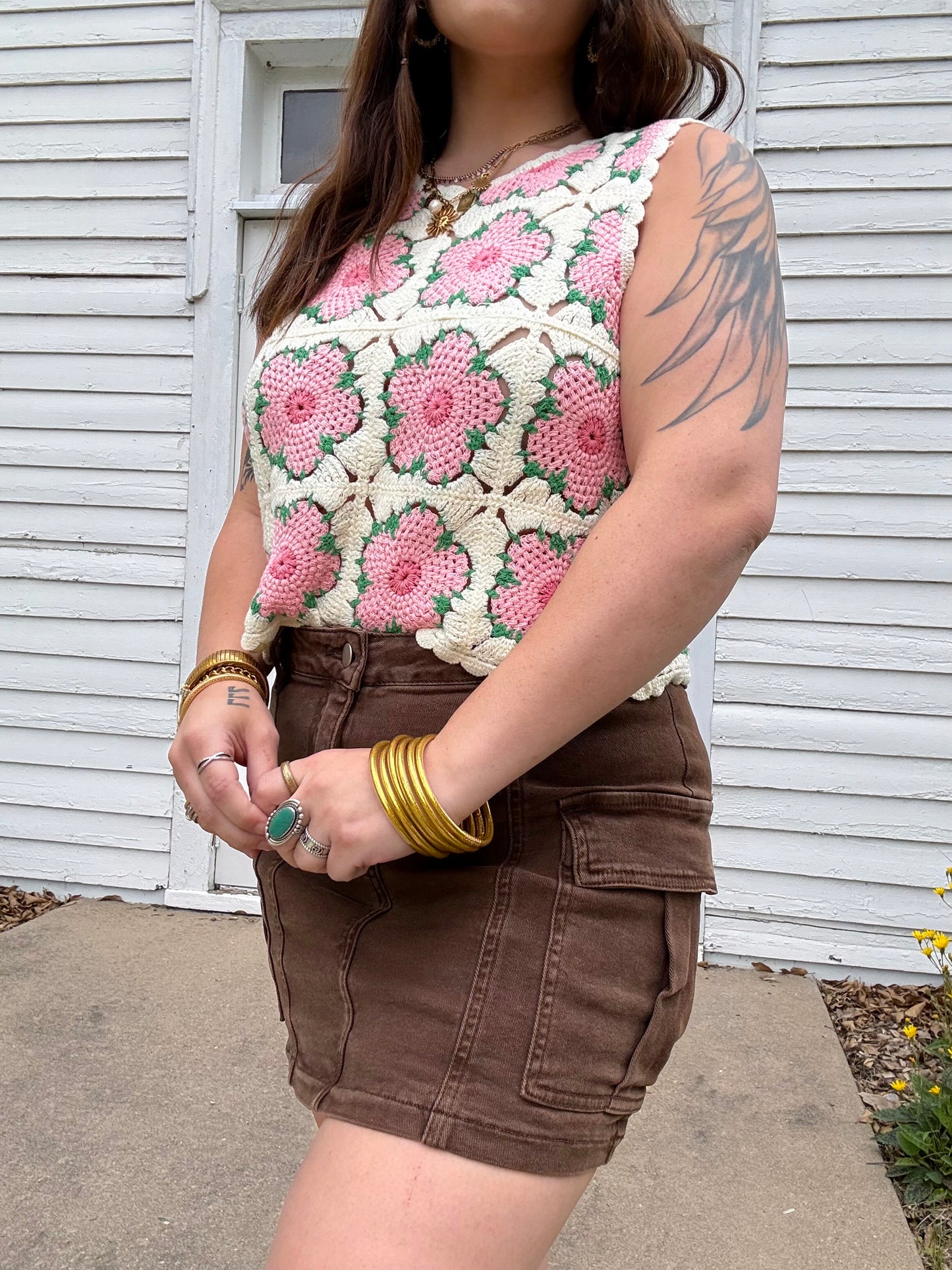 Stretchy Brown Denim Cargo Skirt
