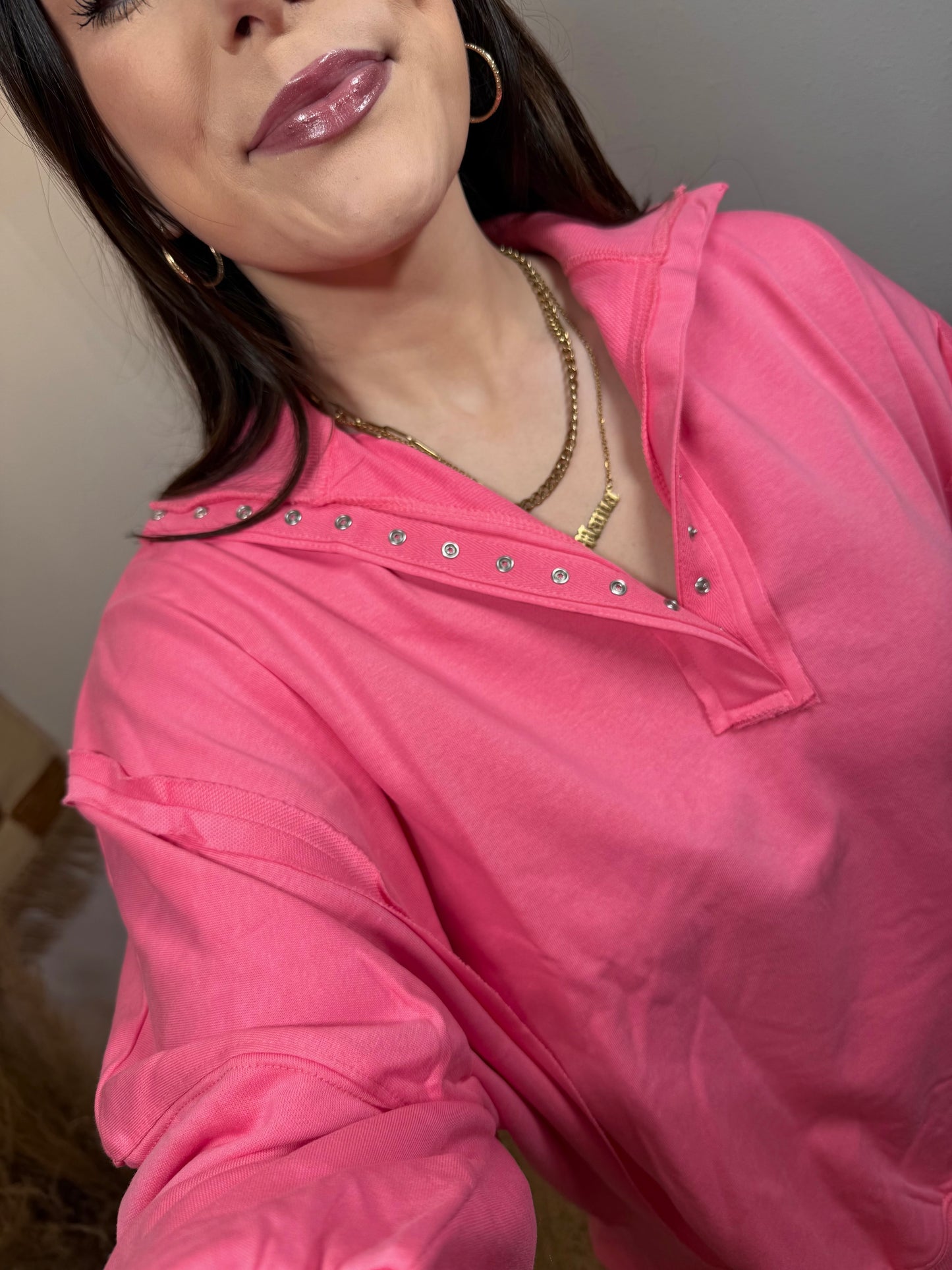 Flamingo Pink Henley Pullover