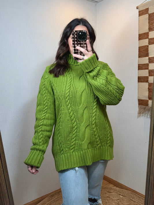 Grinchy Green Cableknit Turtleneck Sweater - XL