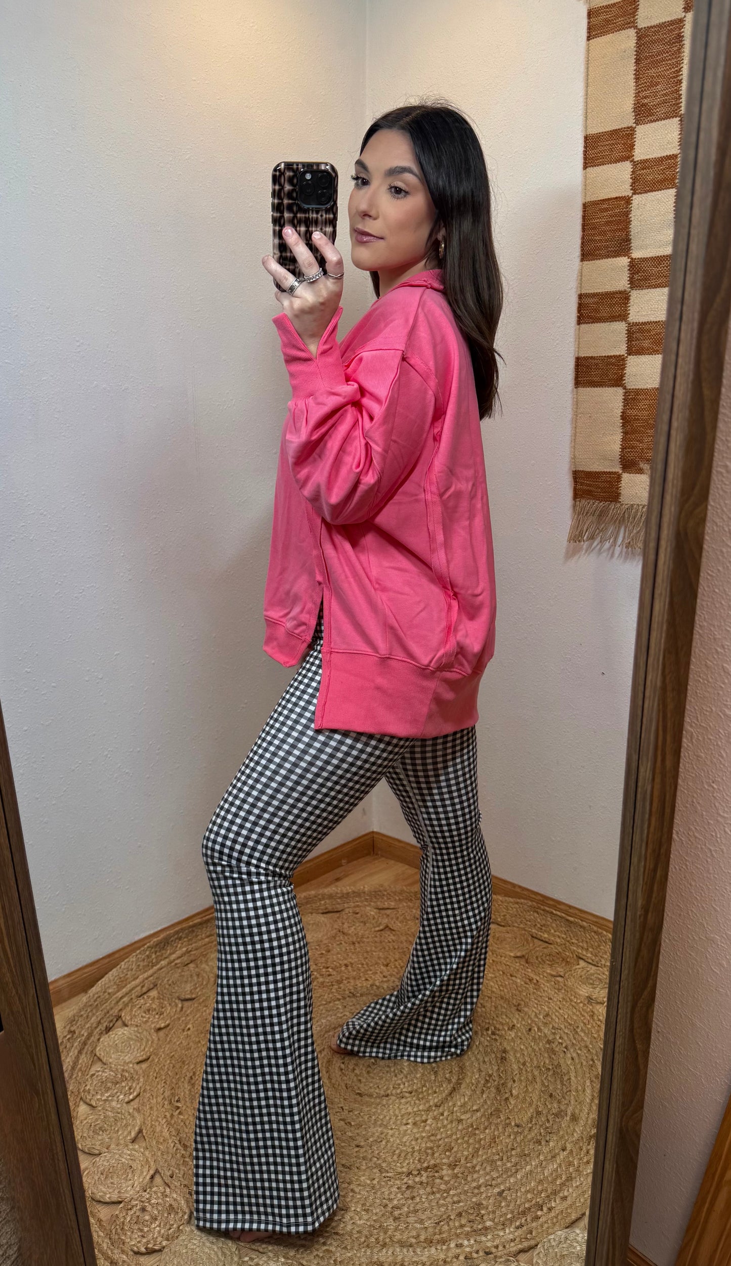 Gingham Crossover Flare Leggings : Black