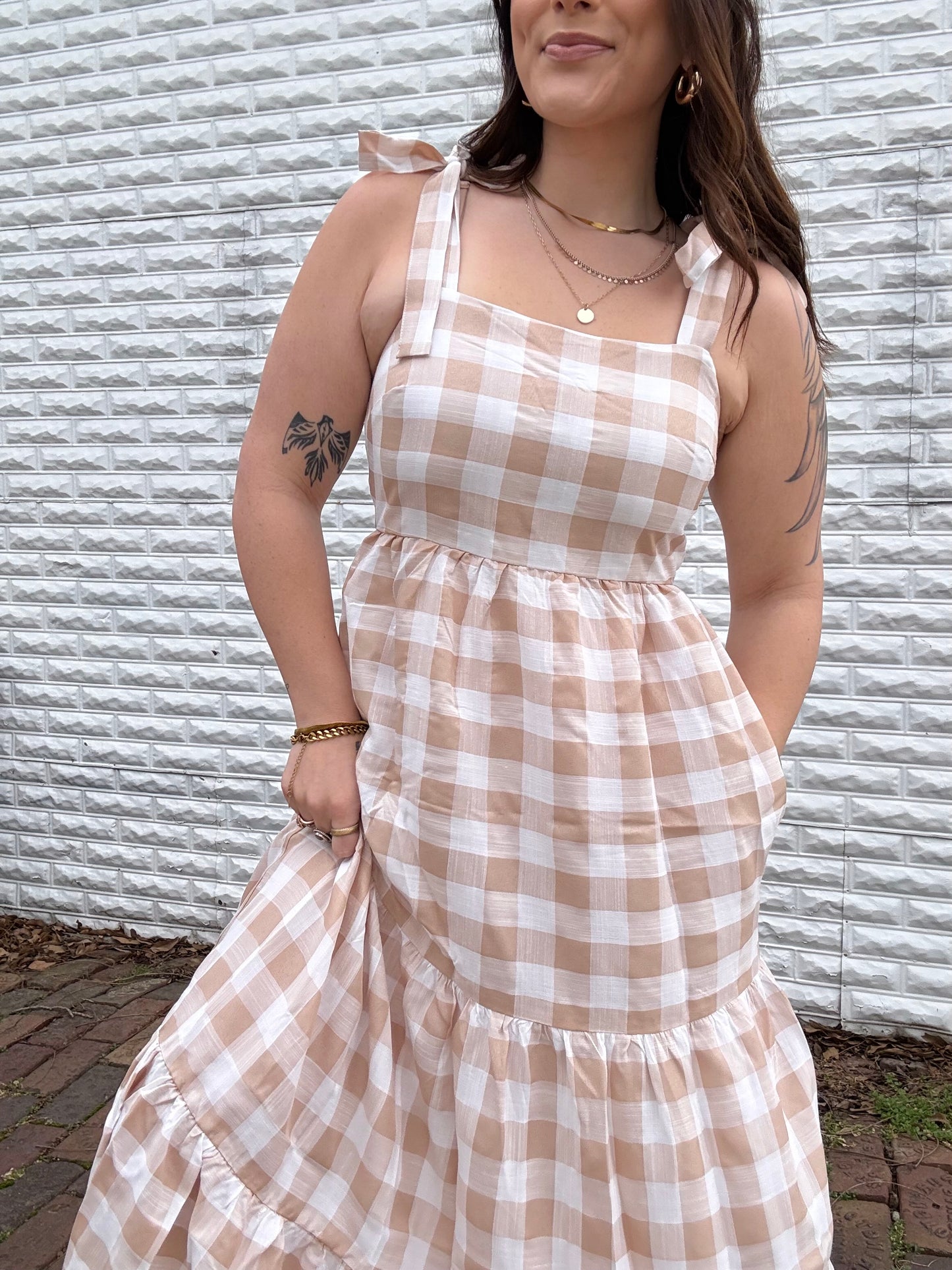 Beige Gingham Maxi Dress