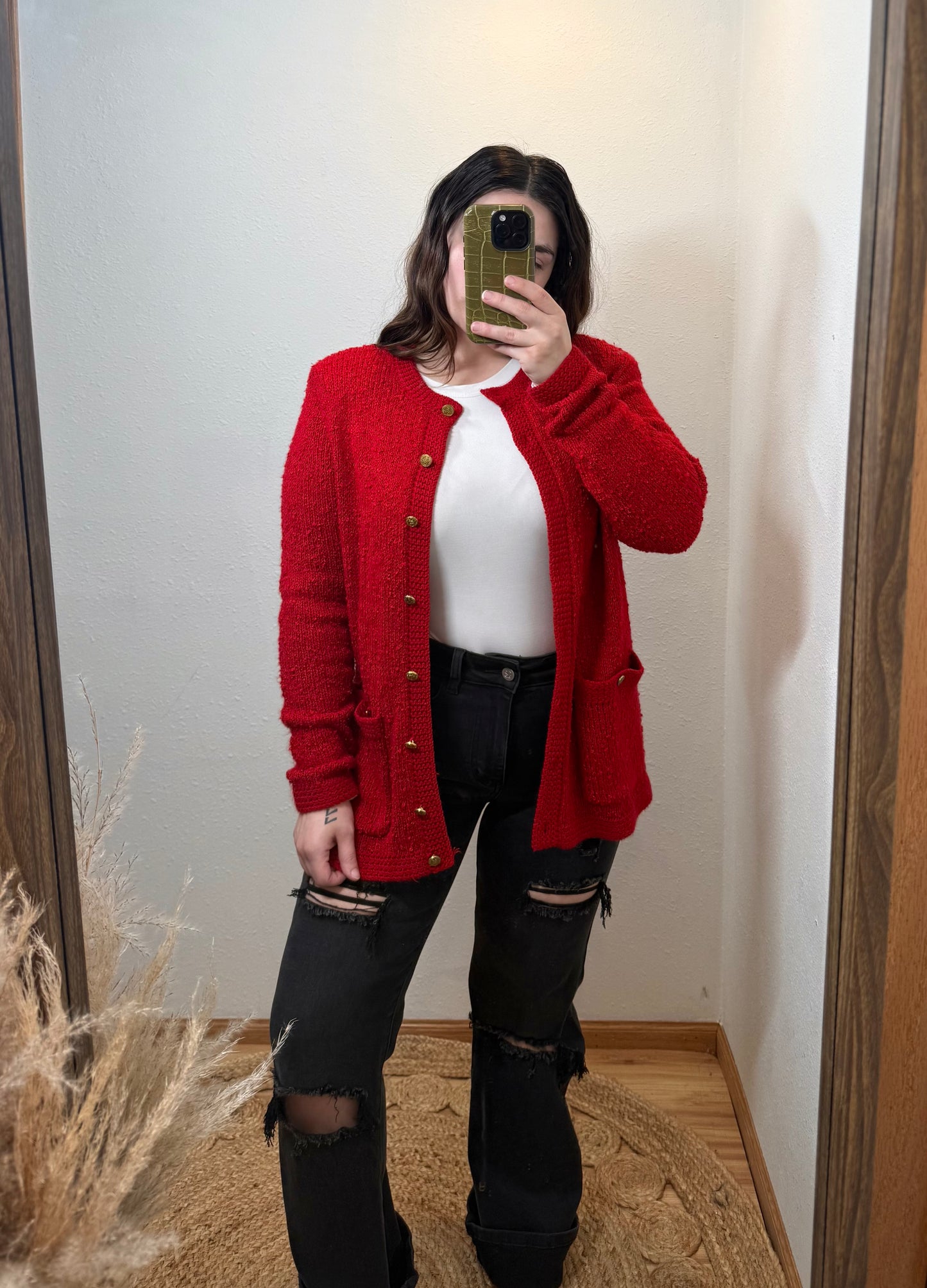 Gold Button Vintage Red Knit Cardigan (Medium)