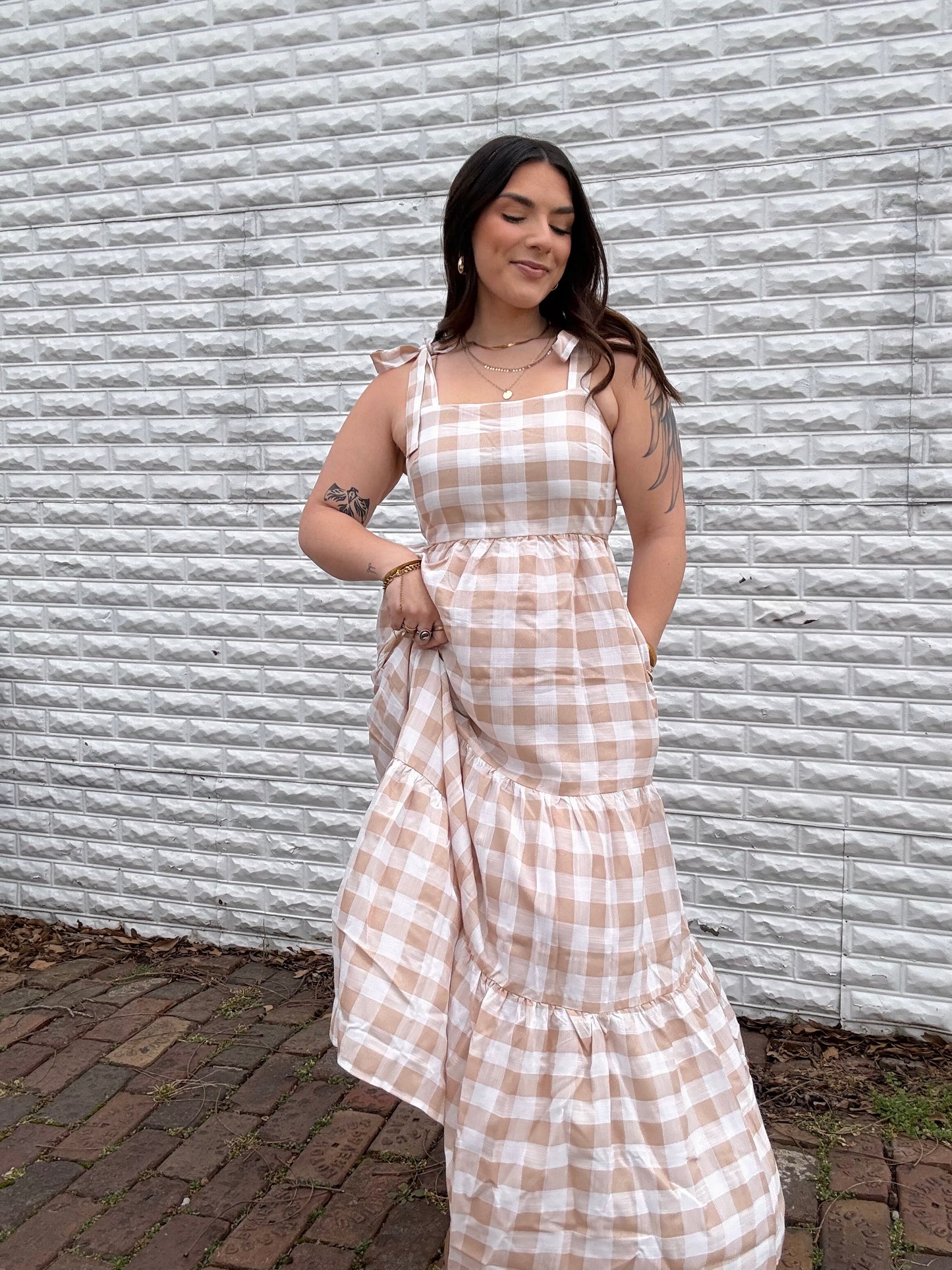 Beige Gingham Maxi Dress