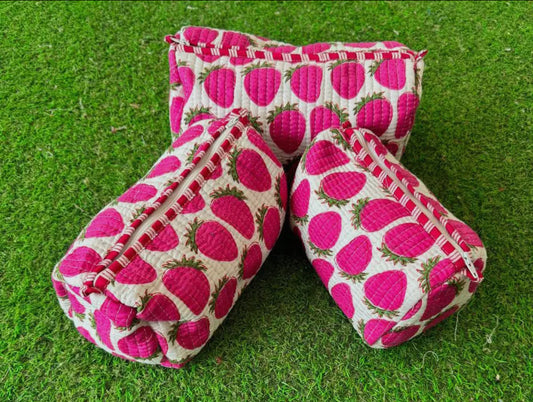 3pc Strawberry Quilted Cosmetic Bags