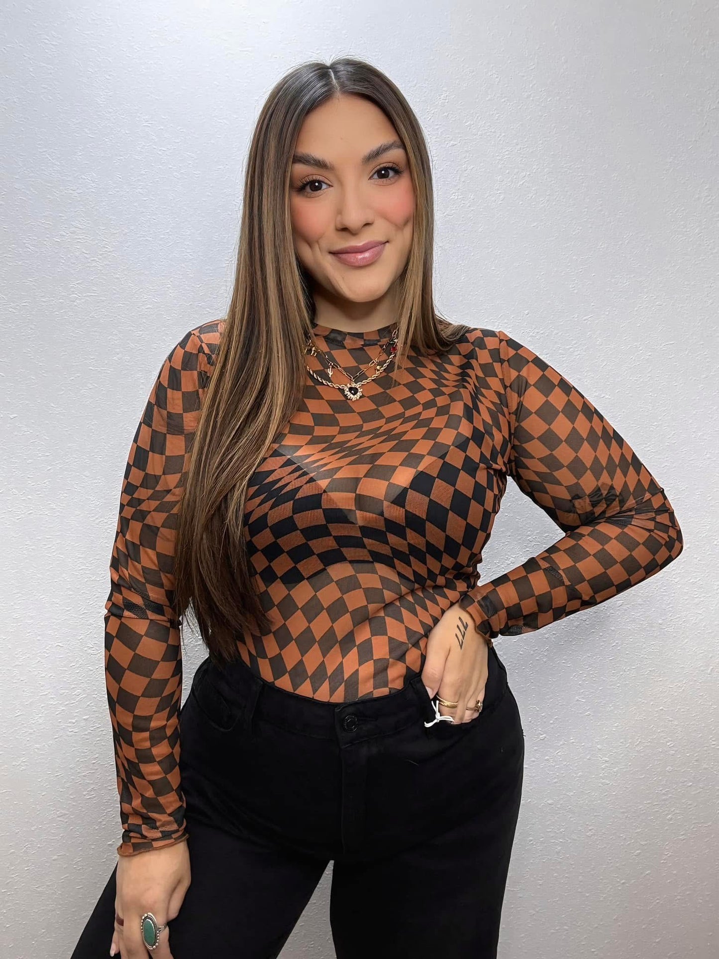 Caramel/Black Checkered Mesh Top - Small