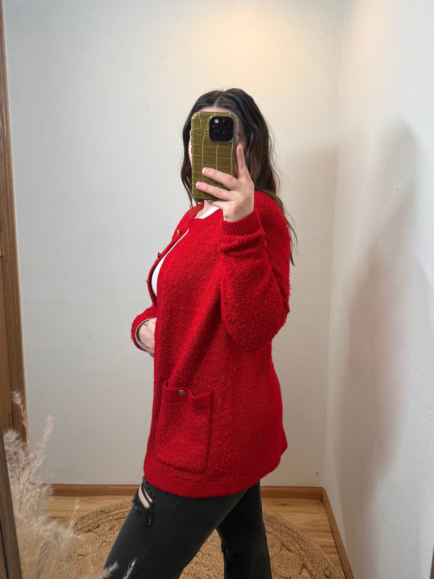 Gold Button Vintage Red Knit Cardigan (Medium)
