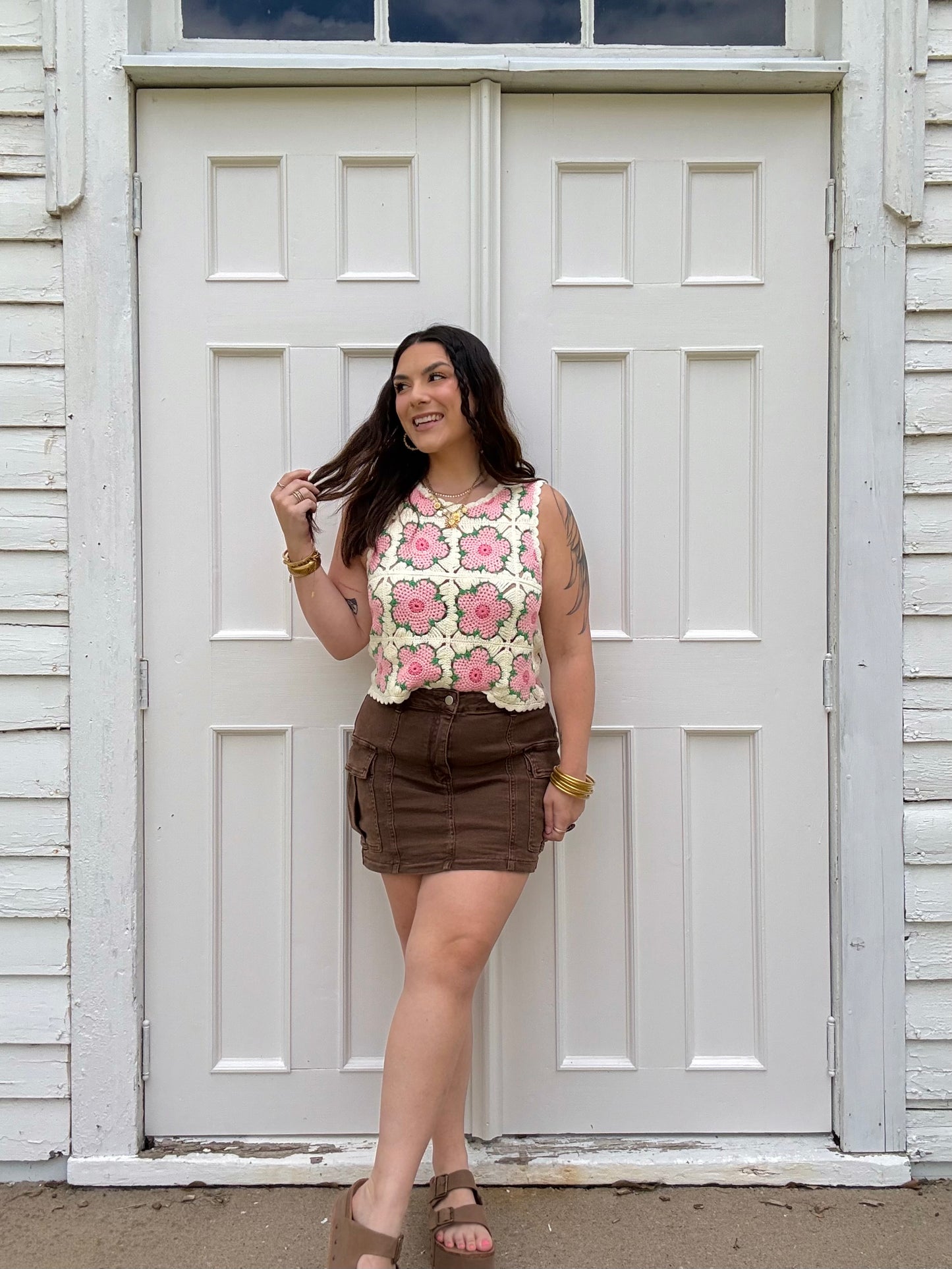Stretchy Brown Denim Cargo Skirt