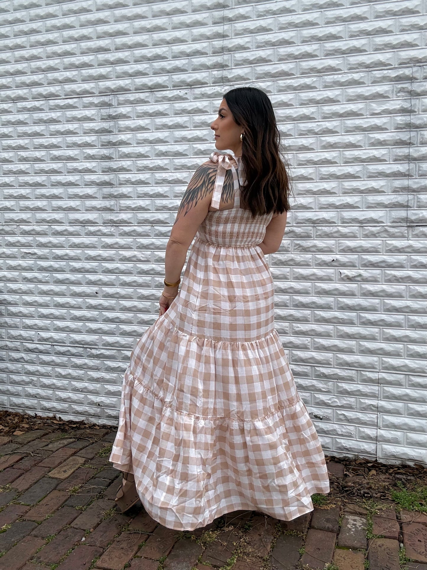 Beige Gingham Maxi Dress