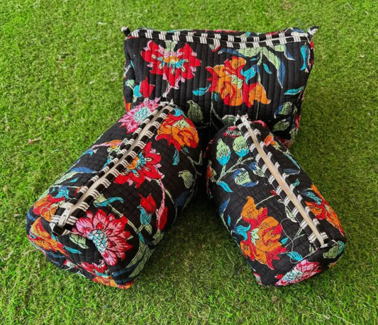 3pc Black Floral Quilted Cosmetic Bags