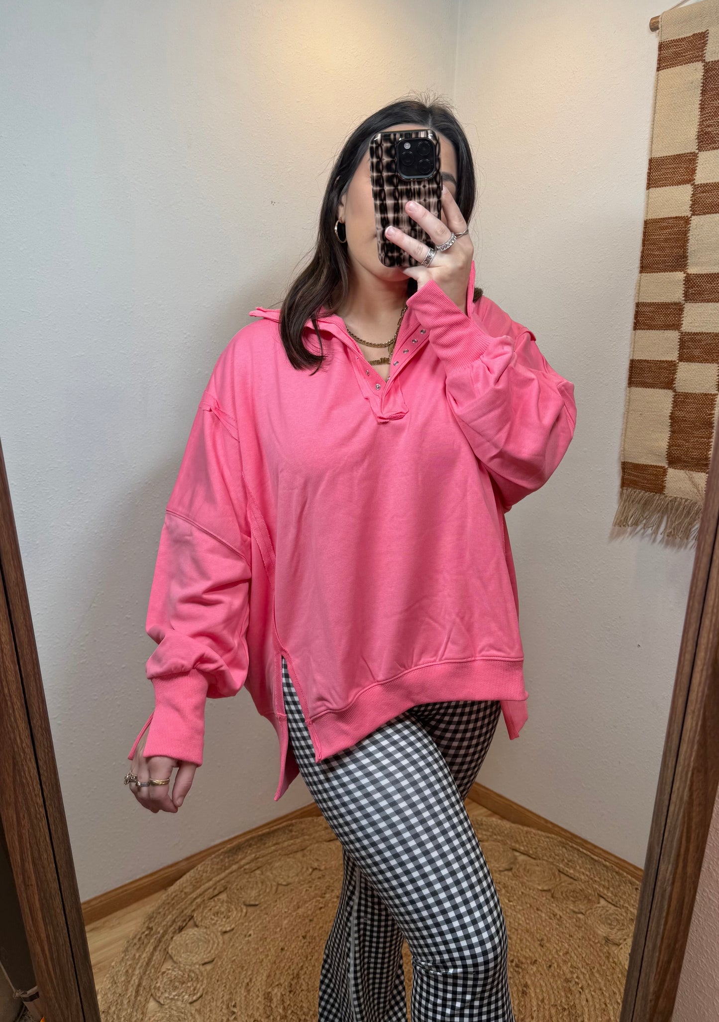 Flamingo Pink Henley Pullover