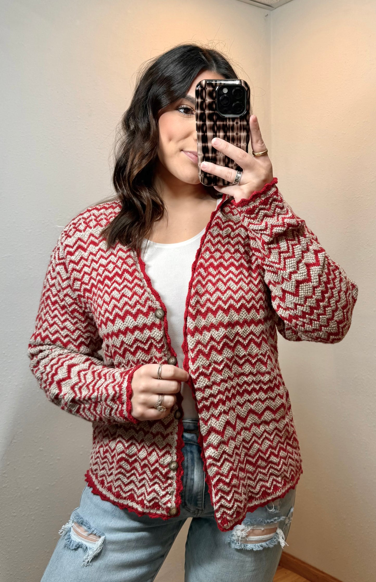 Vintage 90’s Red ZigZag Cardigan - Small