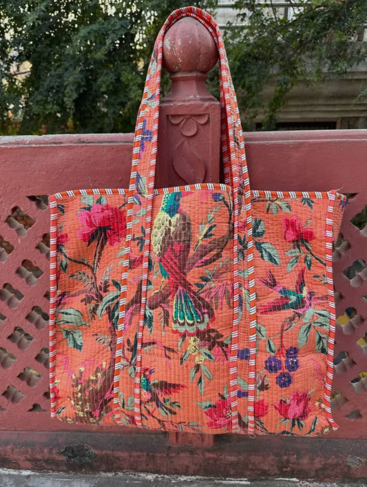 Salmon Bird Floral Quilted Bag