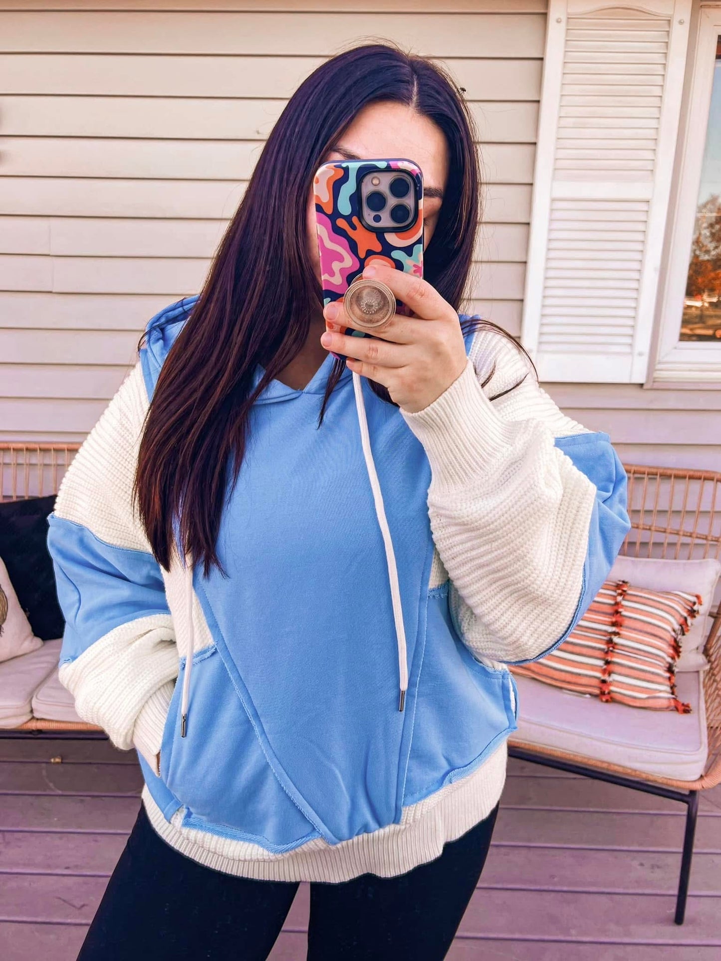 Blue Knit Colorblock Hoodie - S/M