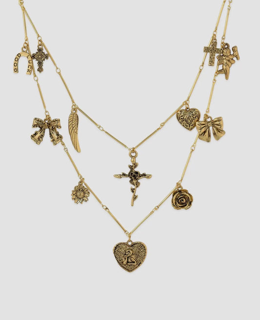 Antique Vintage Angel Layered Charm Necklace : Gold