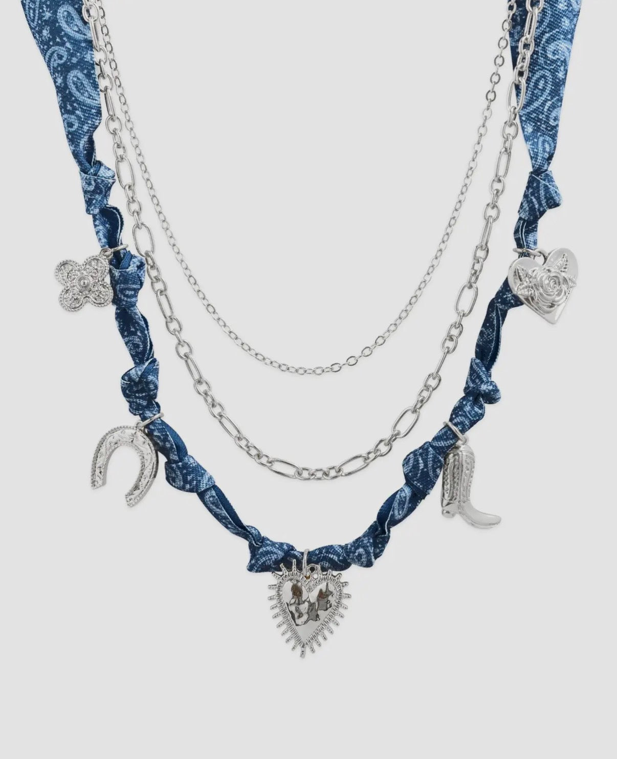 Denim Bandana Layered Charm Necklace : Silver